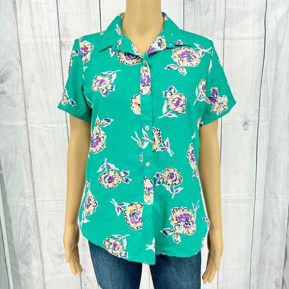 Oak Hill SMALL American VINTAGE 80s Womens Green Floral Button Up Blouse Top - Picture 1 of 11
